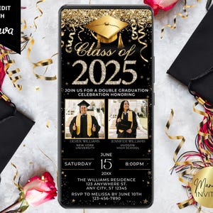 Digital Class of 2025 Double Graduation Party Photo Invitation, 2 Graduates, Black Gold, Text Evite, Editable Template, Instant Download