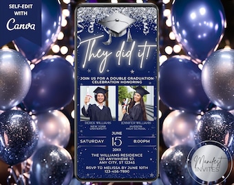 Digital Double Graduation Party Blue Silver Photo Invitation, They Did It, 2 Person, Phone Text Evite, Editable Template, Instant Download