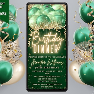 Digital Birthday Dinner Green Gold Diamond Glitter Balloons Invitation, Electronic Phone Text Evite, Editable Template, Instant Download