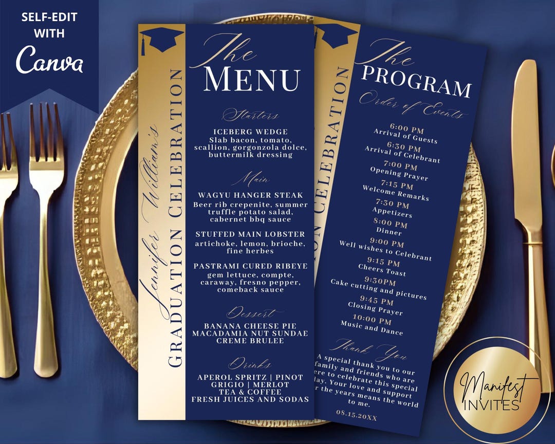 Editable Elegant Blue Gold Graduation Menu Program & Thank You Card ...
