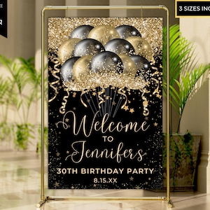 Black Gold Glitter Balloons Printable Welcome Sign, Birthday Party Sign, Graduation Sign, Entrance Sign, Editable Template, Instant Download