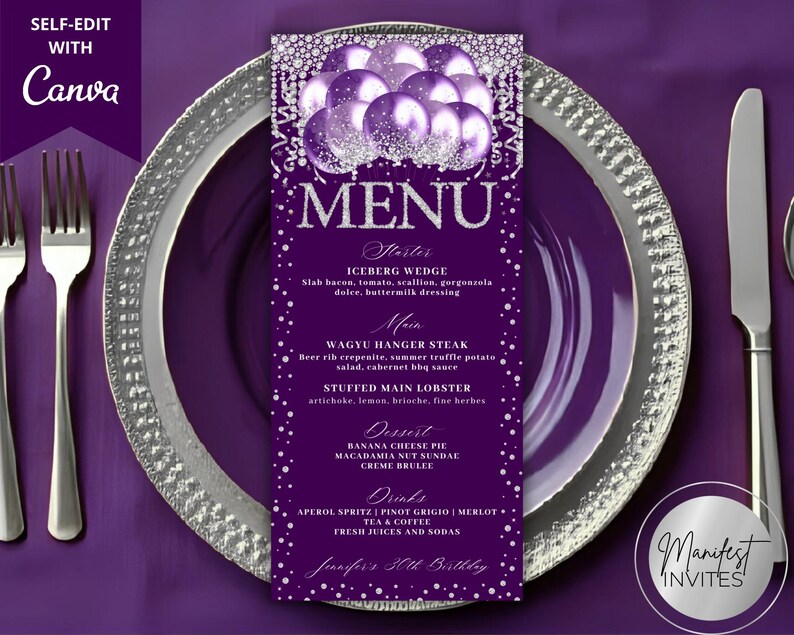 Graduation Puple Menu Card Editable Glam Purple Silver Glitter Balloons Diamond Menu and Drink ...