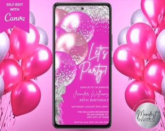 Convite de aniversário digital Let's Party com balões brilhantes rosa choque e prata, convite eletrônico para celular, modelo editável, download instantâneo