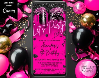 Cyfrowe dziewczyny 16 urodziny różowy czarny brokat zaproszenie na imprezę, Let's Party, elektroniczne zaproszenie, edytowalny szablon, natychmiastowe pobranie, PB23