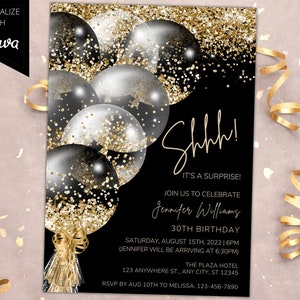 Editable Surprise Birthday Party Invitation, Printable Birthday Invite, Black Gold Balloons, Any Age, Shhh it's a Surprise, Instant Download