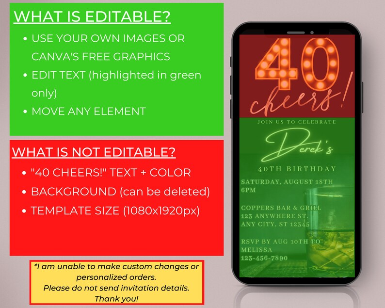 May include: Editable 40th birthday party invitation template with a red background and a phone screen showing a 40 with light bulbs around it. The text "40 cheers!" is in a red and white font. The text "Join us to celebrate Derek's 40th Birthday" is in a green font. The text "Saturday, August 18th 6PM" is in a white font. The text "Coppers Bar & Grill 123 Anywhere St. Any City, ST 12545" is in a white font. The text "RSVP by Aug 10th to Melissa 123-456-7890" is in a white font.