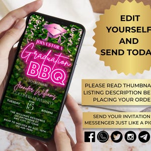 May include: A digital invitation for a graduation BBQ. The invitation features a pink neon sign that says "Graduation BBQ" and a green leafy background. The text on the invitation includes the graduate's name, the university, the date, and the time. The invitation also includes a phone number and an RSVP deadline.