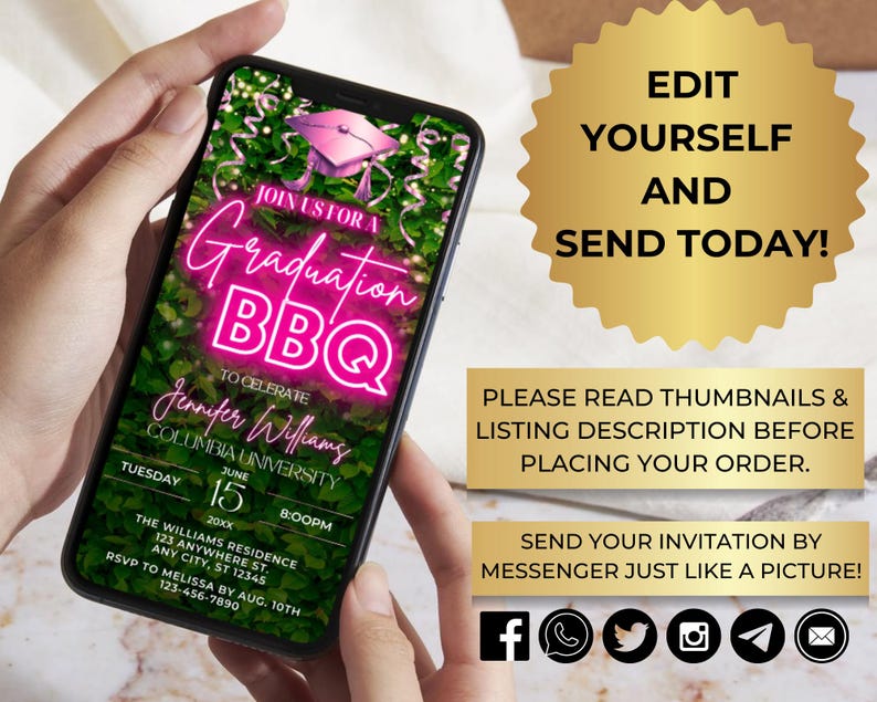 May include: A digital invitation for a graduation BBQ. The invitation features a pink neon sign that says "Graduation BBQ" and a green leafy background. The text on the invitation includes the graduate's name, the university, the date, and the time. The invitation also includes a phone number and an RSVP deadline.
