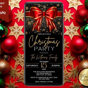 Digital Elegant Red Bow Christmas Holiday Party Invitation, Festive Xmas Party, Phone Text Evite, Editable Canva Template, Instant Download