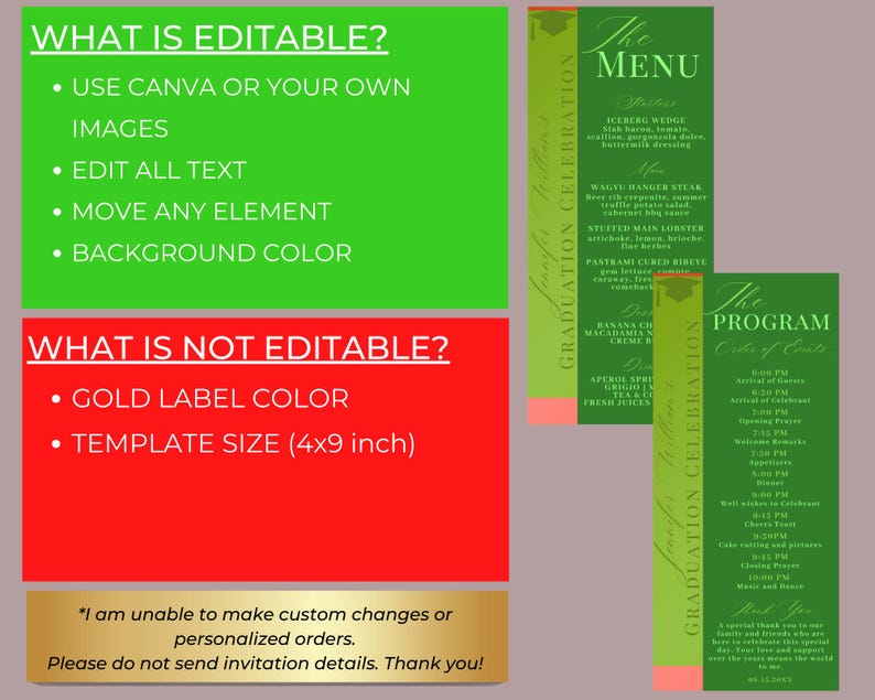 Editable Elegant Green Gold Graduation Menu Program & Thank You Card ...