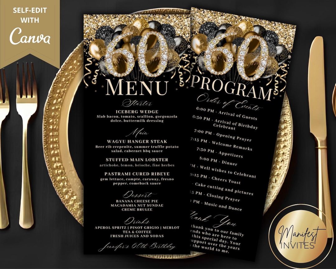 60th Birthday Dinner Menu and Program, Glam Diamond Black and Gold ...