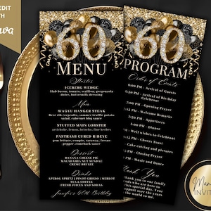 May include: Black and gold 60th birthday menu and program cards. The menu lists starters, main courses, desserts, and drinks. The program outlines the event's order, including arrival, prayer, dinner, and music. The cards are on a gold plate with gold cutlery.