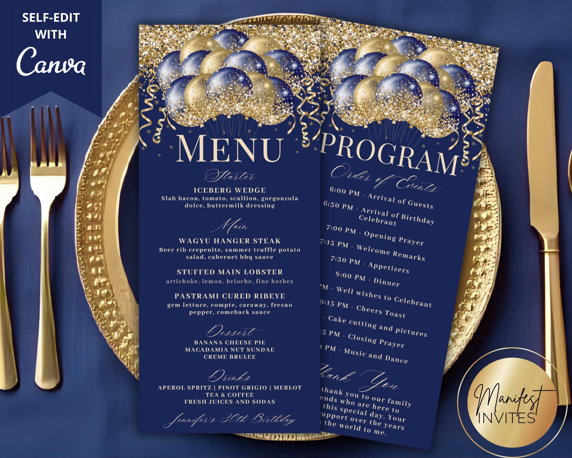 Grad Balloon Menu Editable Elegant Blue Gold Glitter Balloons Menu Program and Thank You ...