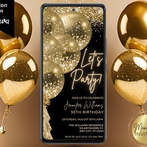 Digital Let&#39;s Party Gold Glitter Balloons Birthday Party Invitation, Electronic Phone Text Email Evite, Editable Template, Instant Download