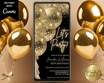 Cyfrowe zaproszenie na przyjęcie urodzinowe z balonami z brokatem w kolorze złotym „Let's Party”, elektroniczne zaproszenie na telefon, tekst i e-mail, edytowalny szablon, natychmiastowe pobranie