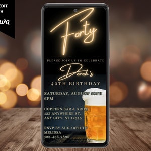Electronic Men&#39;s Forty 40th Beer Birthday Party Invitation, Digital Mobile Phone Text Email Evite, Editable Template, Instant Download