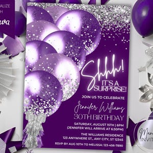 Modifiable chut c'est une surprise, faire-part de fête d'anniversaire glam ballons paillettes or noir, carte à imprimer, modèle de toile, téléchargement immédiat