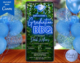 May include: A blue and green graduation party invitation with a blue neon sign that says "Graduation BBQ". The invitation is for Derek Williams, Columbia University, June 15th, 20XX at 8:00 PM. The Williams Residence is located at 123 Anywhere St., Any City, ST 12345. RSVP to Melissa by August 10th at 123-456-7890.