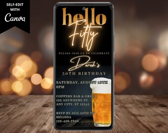 Invitación digital a la fiesta de cumpleaños número 50 de la cerveza Hello Fifty Men, correo electrónico de texto de teléfono móvil electrónico Evite, plantilla editable, descarga instantánea
