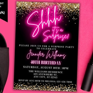 Editable Shhh It&#39;s a Surprise Birthday Pink Neon Gold Glitter Party Invitation, Printable Invite, Editable Template, Instant Download, PG38