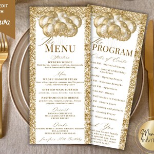 Può includere: Menu e programmi dorati con bordo glitterato e grafica a palloncino. Il menu elenca antipasti, piatti principali, dessert e bevande. Il programma delinea l'ordine degli eventi per una festa di compleanno. Posate dorate e un piatto in primo piano.