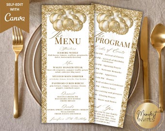 Bearbeitbares Glam White Gold Glitter Ballons Menüprogramm und Dankeschön Karte, Geburtstag Abschlussfeier Dekor, druckbare Canva Vorlage