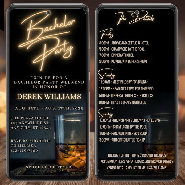 Digital Men's Whiskey Bachelor Party Weekend Itinerary Invitation, Electronic Mobile Phone Evite, Editable Template, Instant Download, WM42