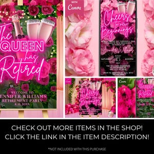 Puede incluir: Una plantilla de invitaci&oacute;n para fiesta de jubilaci&oacute;n con texto en ne&oacute;n rosa que dice The Queen Has Retired y Cheers to New Beginnings, decorada con rosas fucsias vibrantes, una botella de champ&aacute;n y dos copas con l&iacute;quido rosa.