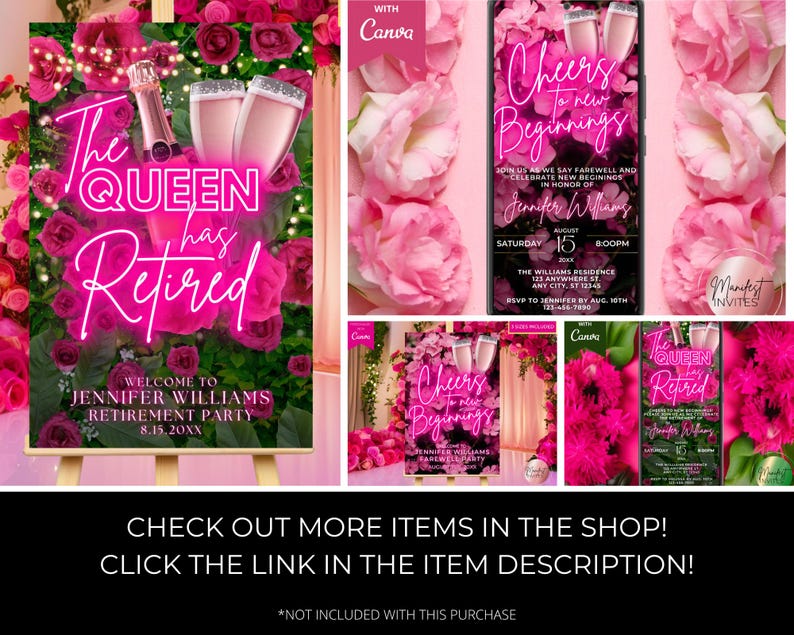 Puede incluir: Una plantilla de invitaci&oacute;n para fiesta de jubilaci&oacute;n con texto en ne&oacute;n rosa que dice The Queen Has Retired y Cheers to New Beginnings, decorada con rosas fucsias vibrantes, una botella de champ&aacute;n y dos copas con l&iacute;quido rosa.