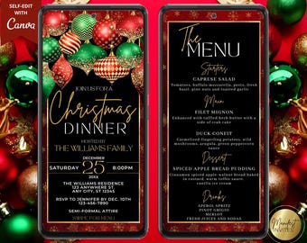 Puede incluir: Dos smartphones muestran una invitación y un menú para una cena de Navidad. La invitación presenta una escritura dorada y adornos navideños. El menú enumera entrantes, platos principales, postre y bebidas. La invitación dice "Join us for a Christmas Dinner".