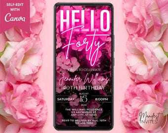 Invitación digital para fiesta de 40 cumpleaños con flores de neón rosa, texto electrónico para teléfono Evite, plantilla editable, descarga instantánea, PF01