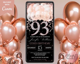 Convite digital elegante para festa de aniversário de 93 anos, balões luxuosos em tons de rosa e dourado com detalhes em diamante, jantar de aniversário feminino, modelo para Canva, RGB3