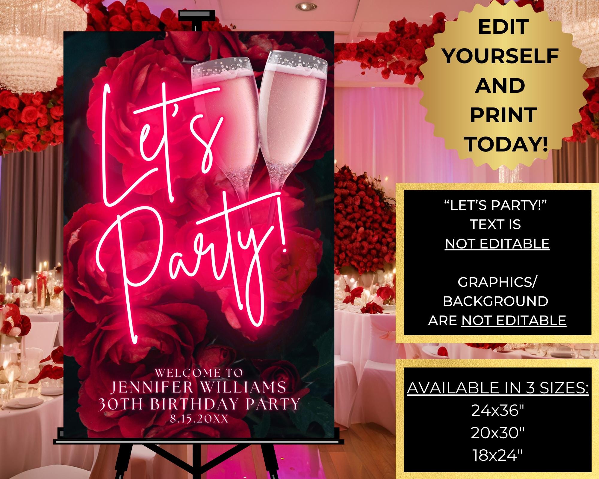 Editable Glam Let's Party Welcome Sign, Elegant Red Floral Roses & Pink ...