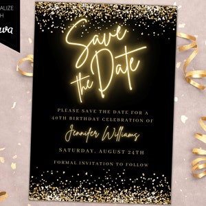 Editable Save the Date Invitation, Birthday Save the Date Invite, Printable, Black Gold Neon Glitter, Editable Template, Instant Download