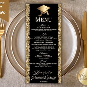 Editable Modern Graduation Black Gold Dinner Menu Card Template, Custom DIY Event Dinner Party Menu Card, Canva Template, Instant Download