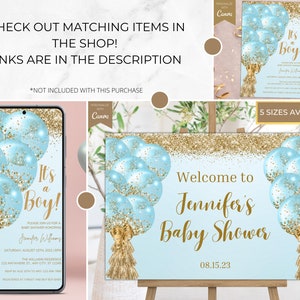 Editable Blue Gold Glitter Balloons Boy Baby Shower Invitation, It's a ...