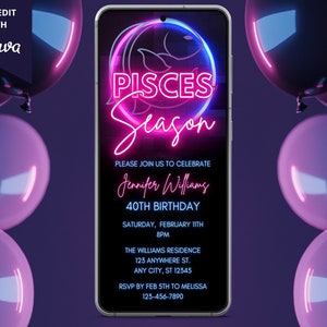 Fische Sternzeichen Digitale Geburtstagseinladung, elektronische Party einladen, Neon Pisces Saison, Telefon Evite, bearbeitbare Vorlage, Sofortiger Download