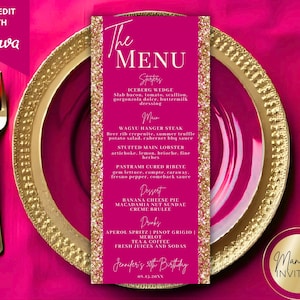 May include: A magenta menu card with gold glitter trim, featuring a list of starters, main courses, desserts, and drinks. The menu is set on a gold-rimmed plate with gold silverware. The text "SELF-EDIT WITH Canva" is in the upper left corner.