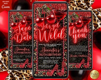 Digital Let's Get Wild Cheetah Cherry Birthday Invitation Set (Save the Date, Invite, Thank You), Leopard Martini, Editable Canva Template