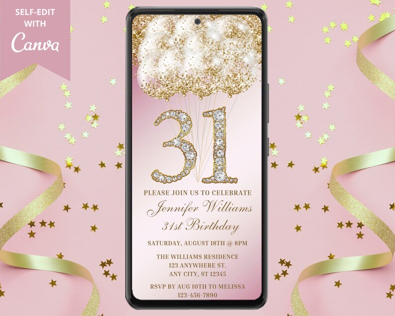 Digital 31st Birthday Party Invitation Pink Gold Diamonds Etsy
