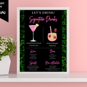 Editable Signature Drinks Sign Menu, Printable Signature Cocktail Sign, Bar Menu, Pink Neon Greenery, Editable Template, Instant Download