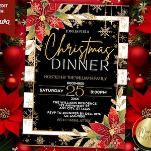 Editable Elegant Christmas Dinner Poinsettia Flowers Invitation, Classy Holiday Cocktail Party, Printable Canva Template, Instant Download