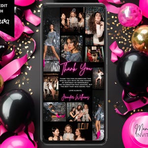 Convite para cartão de agradecimento com colagem de fotos digitais em neon rosa, aniversário e formatura femininos, modelo editável, texto para evitar, download instantâneo, PG38