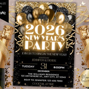Invitation modifiable du nouvel an 2026, ballons néon or noir néon glam, invitation imprimable NYE, modèle de toile, téléchargement immédiat