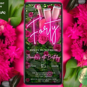 Könnte beinhalten: Eine digitale Einladung in Pink und Grün mit einem floralen Hintergrund. Der Text lautet "Feiern Sie mit uns Jennifers 40. Geburtstag" mit Datum und Uhrzeit der Veranstaltung. Die Einladung ist so konzipiert, dass sie mit Canva selbst bearbeitet werden kann.