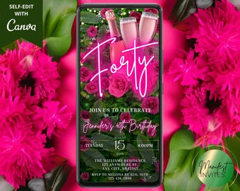 Invitación digital para fiesta de cumpleaños número 40 con rosas, flores, neón y champán, plantilla editable, descarga instantánea