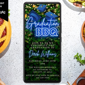 Digital Graduation BBQ Party Invitation, Electronic Phone Text Message Evite, Blue Neon Greenery, 2023, Editable Template, Instant Download