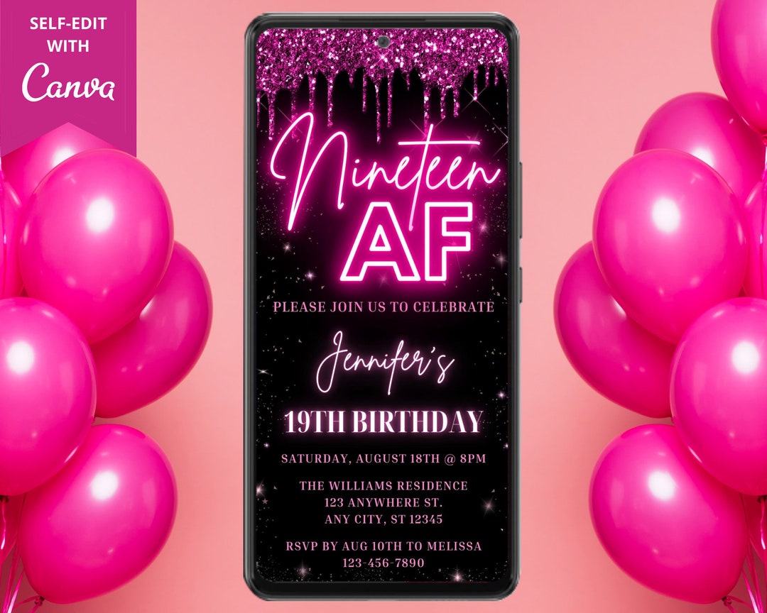 Digital Nineteen AF 19th Birthday Party Invitation, Electronic Text ...