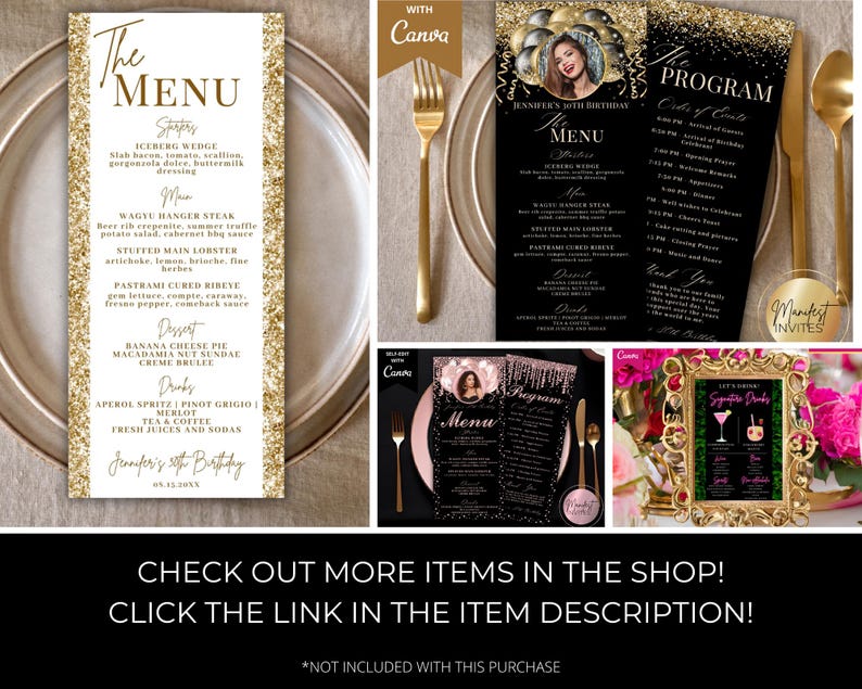 Editable Modern White Gold Menu and Event Program Card Template, Thank ...