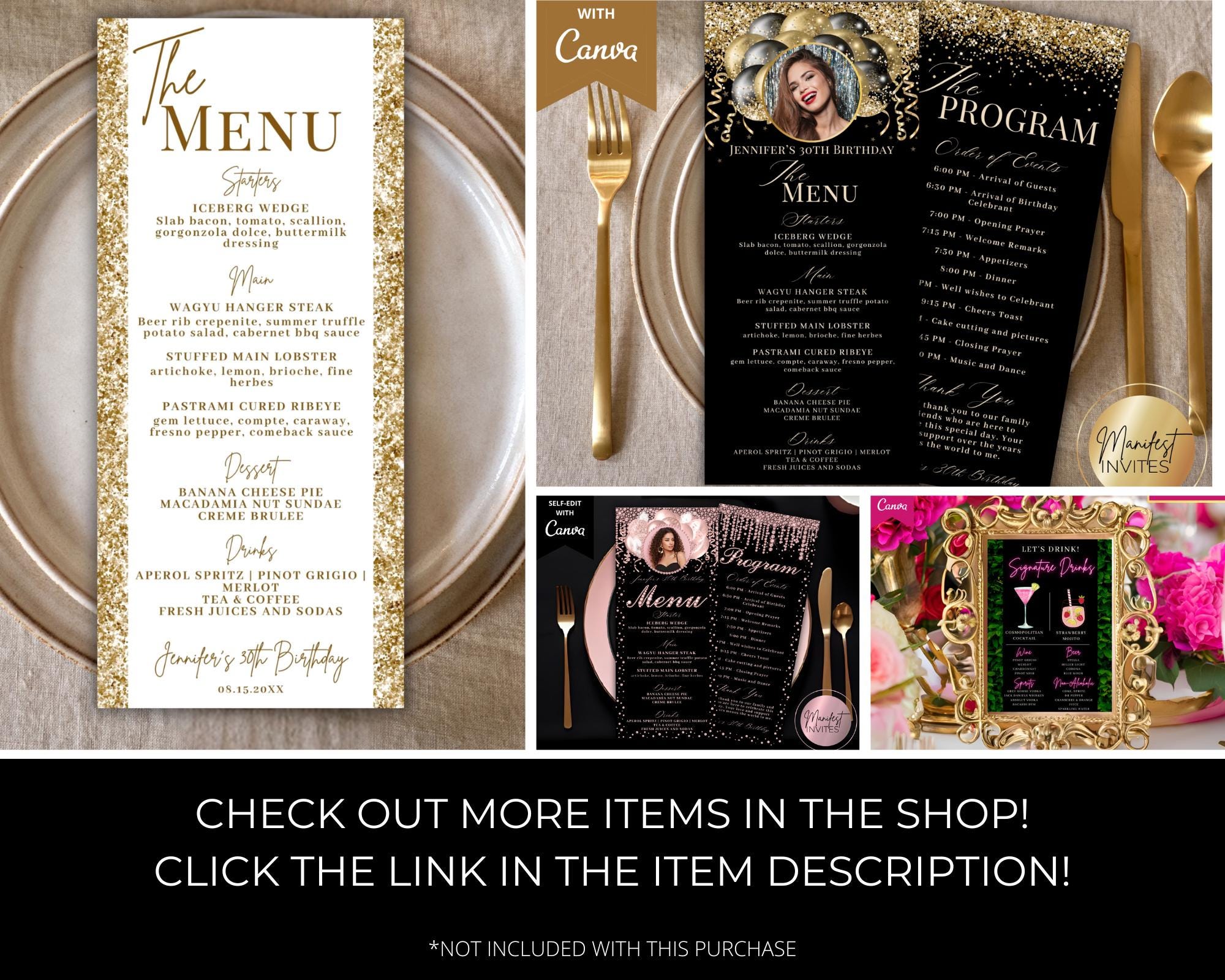 Event Menu Card Example Editable Modern White Gold Menu and Event Program Card Template, Thank ...